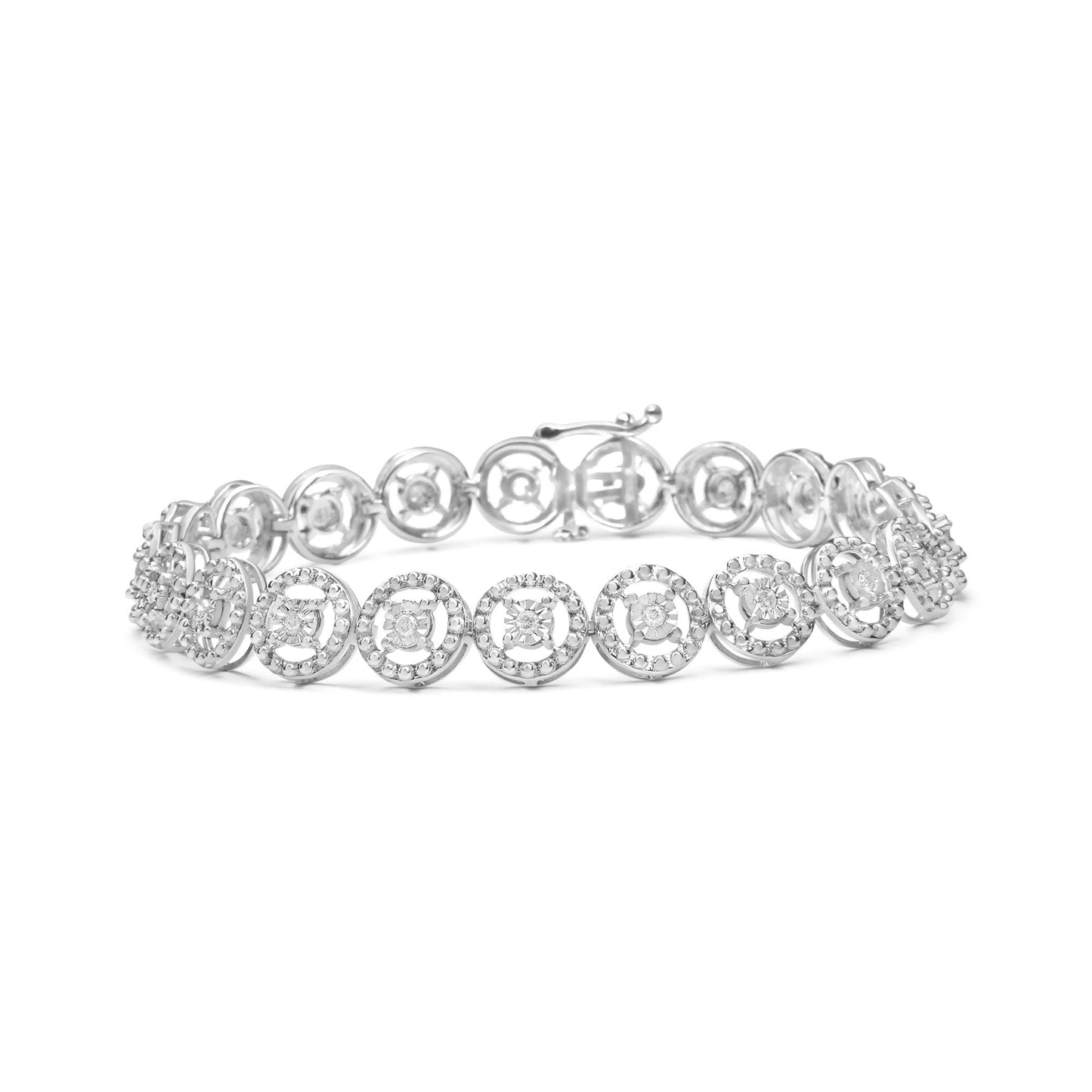 White metal bracelet with round white gemstones in circular settings, shown from a front angled view on a white background.