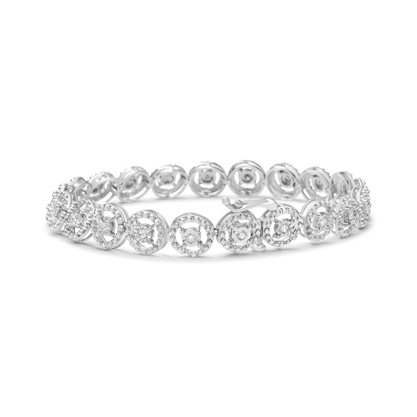 White metal bracelet with round white gemstones in a circular design, shown in a front angled view.