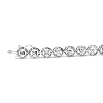 White metal bracelet with round white gemstones in miracle setting, shown flat from a side angle.