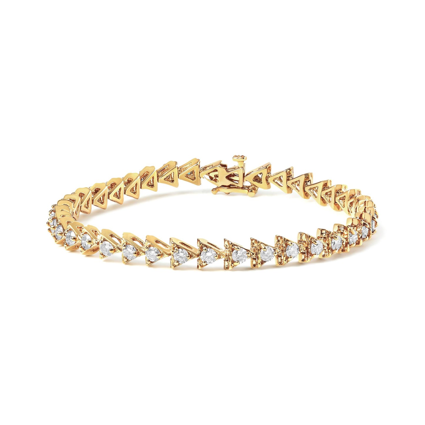 Yellow metal bracelet with triangular links each set with a round white gemstone, shown from a slightly elevated front angle on a white background.