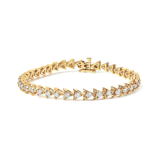Yellow metal bracelet with triangular links each set with a round white gemstone, shown from a slightly elevated front angle on a white background.