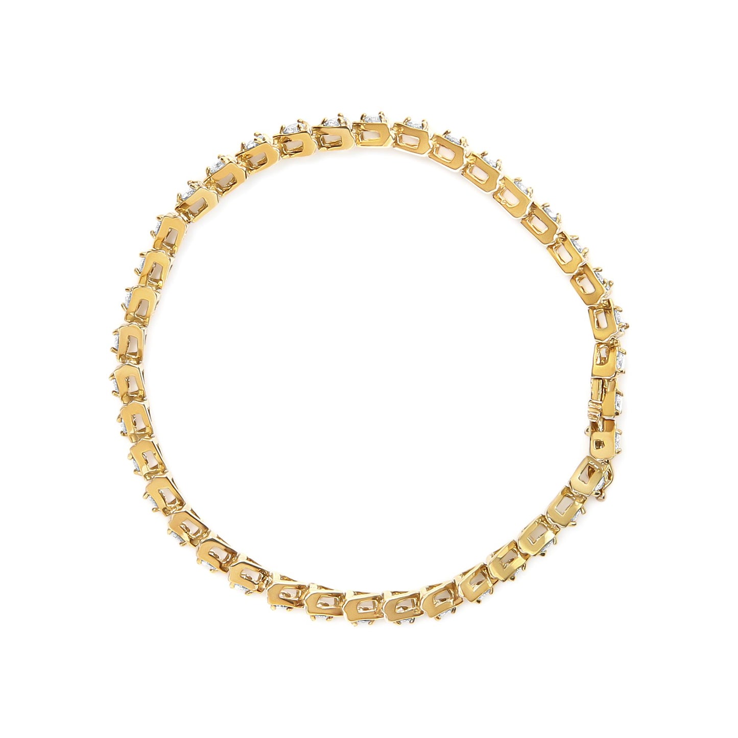 Top-down view of a yellow metal bracelet with round white gemstones in prong settings all around.