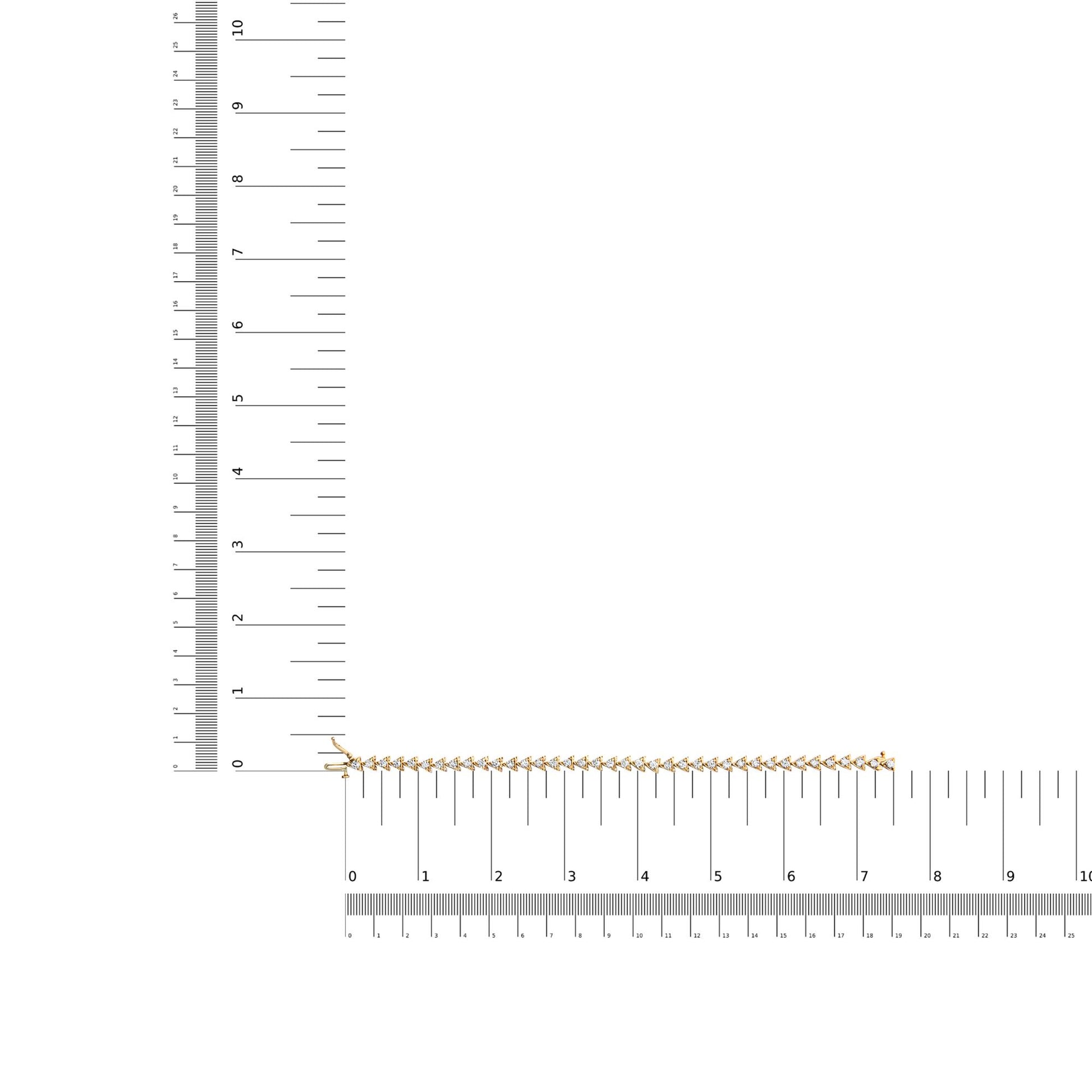 Top-down view of a yellow bracelet with round white gemstones in prong settings, displayed on rulers for size reference.