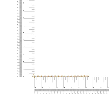 Top-down view of a yellow bracelet with round white gemstones in prong settings, displayed on rulers for size reference.