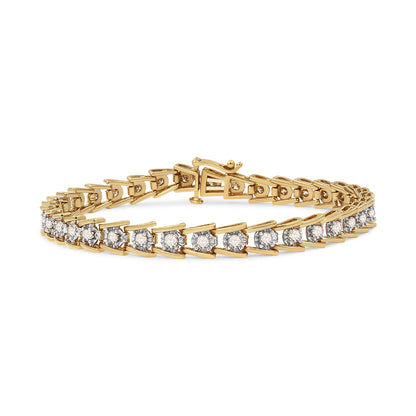 Yellow metal bracelet with round white gemstones in miracle setting, shown in a side angle view.