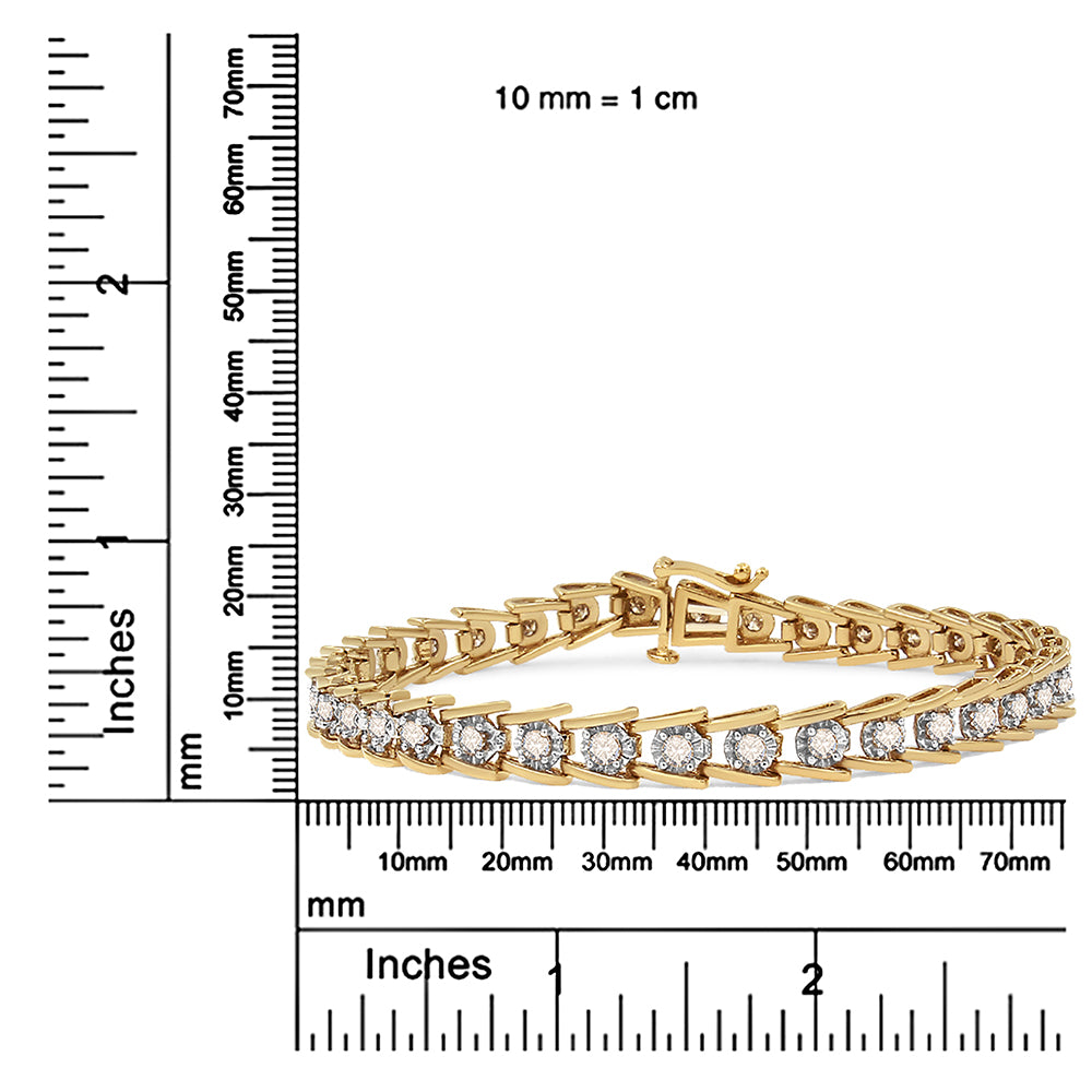 Yellow bracelet with round brownish gemstones in a miracle setting, displayed flat on a ruler for size reference, front angle.