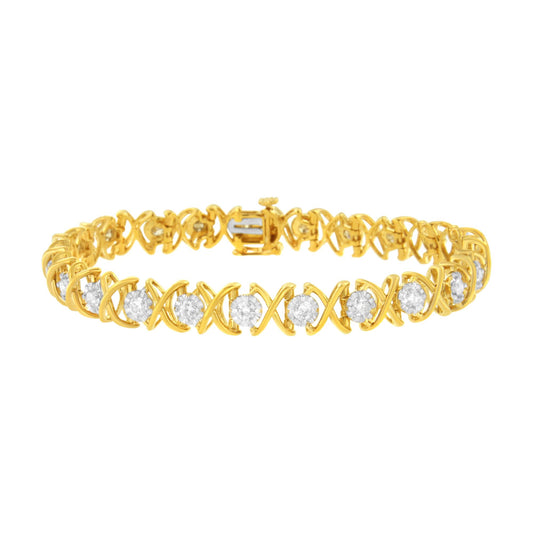 Front-facing shot of a yellow and white bracelet with round white gemstones in prong settings alternating with an X-shaped metal design.