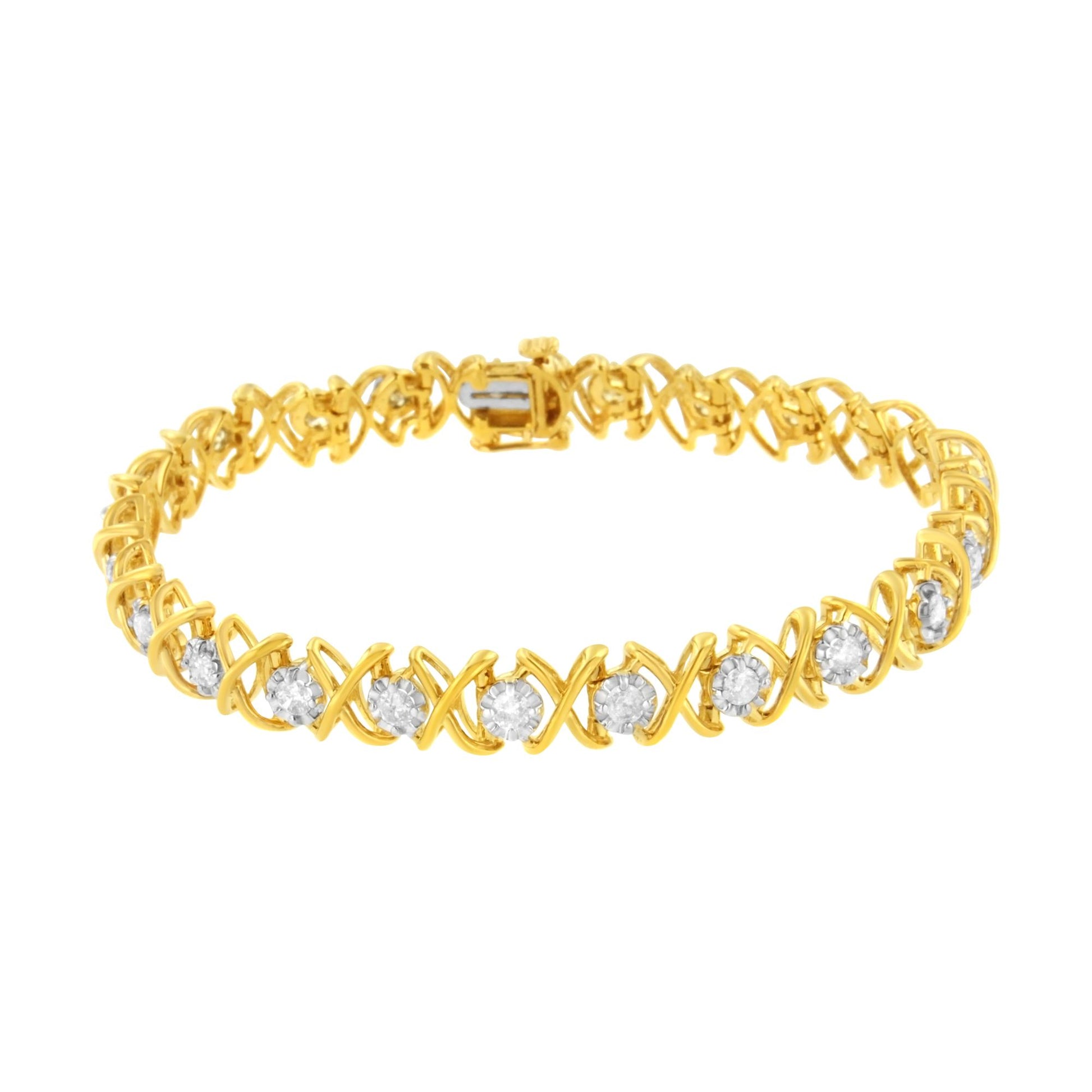 Bracelet with yellow and white metal featuring round white gemstones in prong settings, shown from a front angle on a white background.