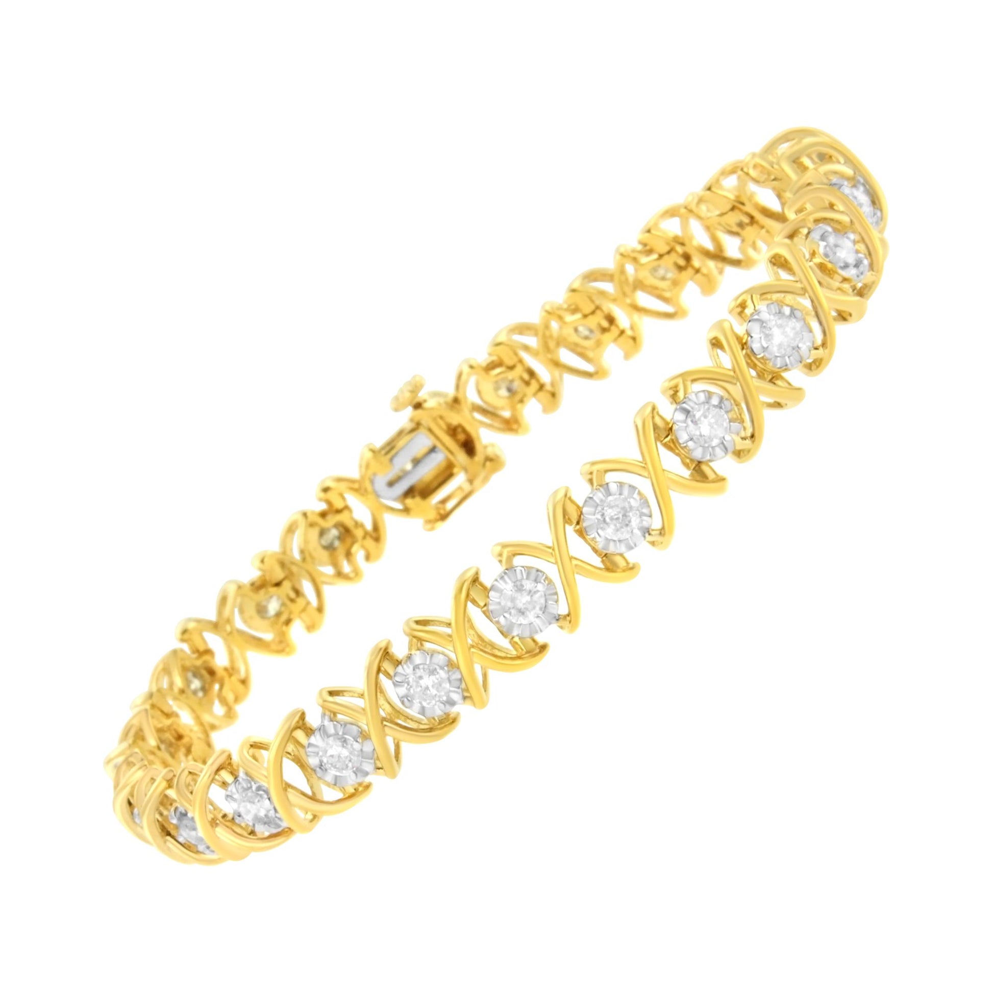 Angled top view of a yellow and white two-tone bracelet with round white gemstones set in prong settings along the band.