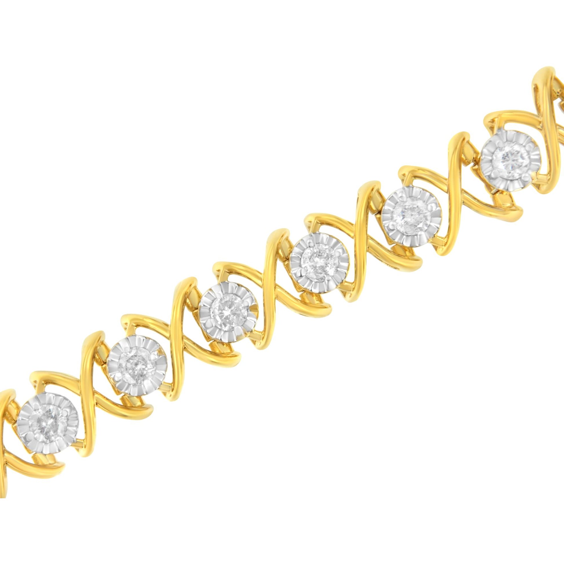Close-up angled view of a bracelet featuring alternating yellow and white metal links with round white gemstones set in prongs.