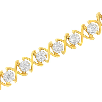 Close-up angled view of a bracelet featuring alternating yellow and white metal links with round white gemstones set in prongs.