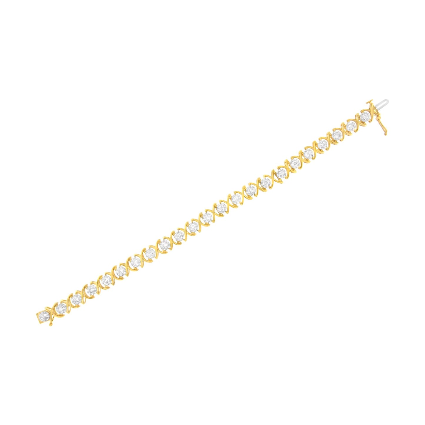 Bracelet with alternating yellow and white metal links, each holding a round white gemstone in prong setting, shown flat from a top angle.