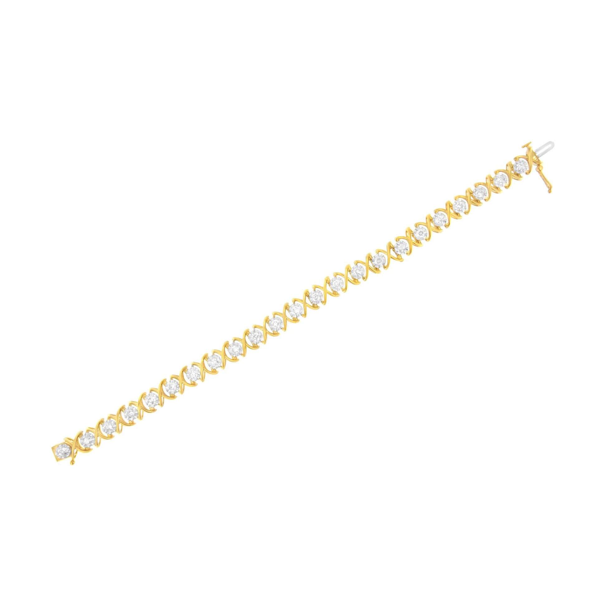 Bracelet with alternating yellow and white metal links, each holding a round white gemstone in prong setting, shown flat from a top angle.