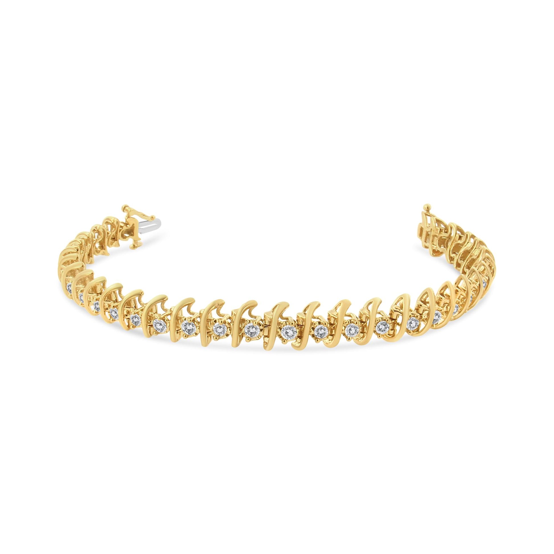 Curved yellow bracelet with round white gemstones in prong settings, shown against a white background at a slight angle.