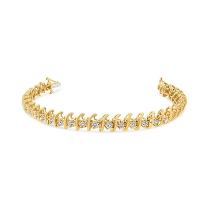Curved yellow bracelet with round white gemstones in prong settings, shown against a white background at a slight angle.