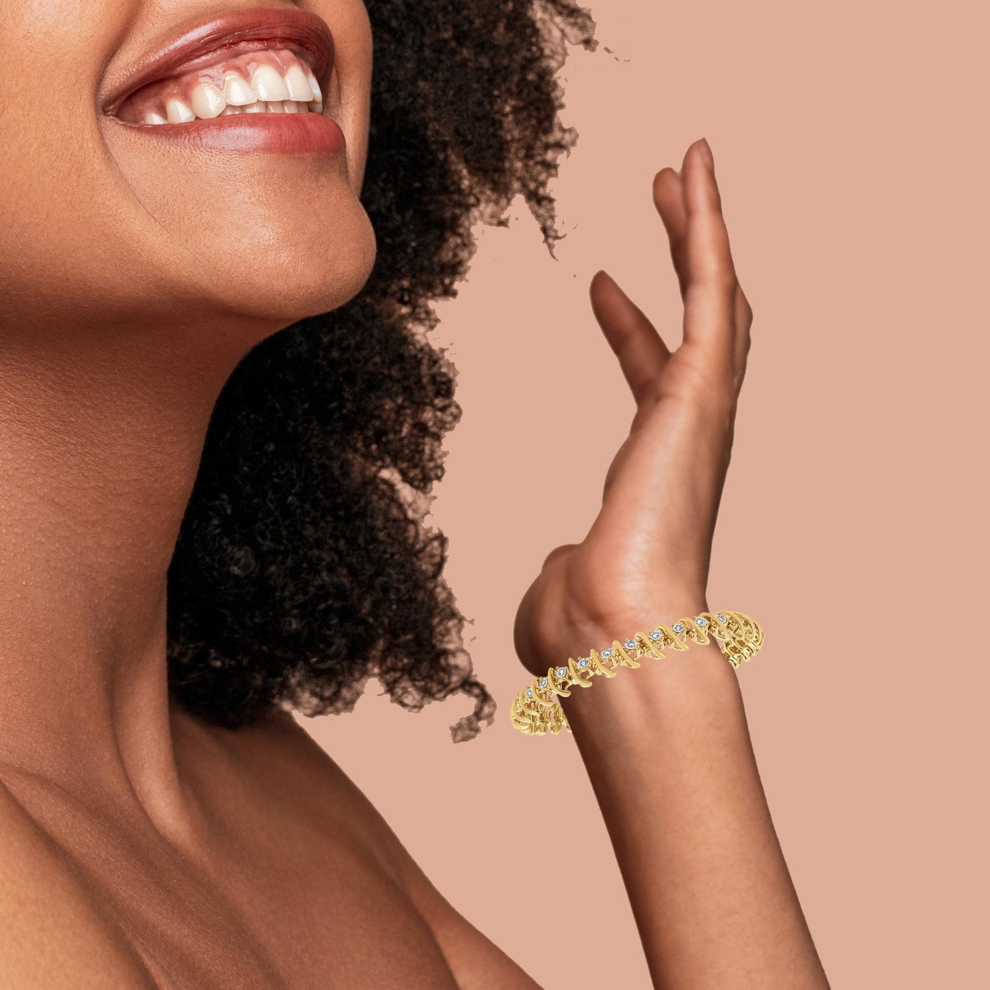 Yellow bracelet with round white gemstones in prong settings, shown on a model’s wrist at a side angle with the model smiling.