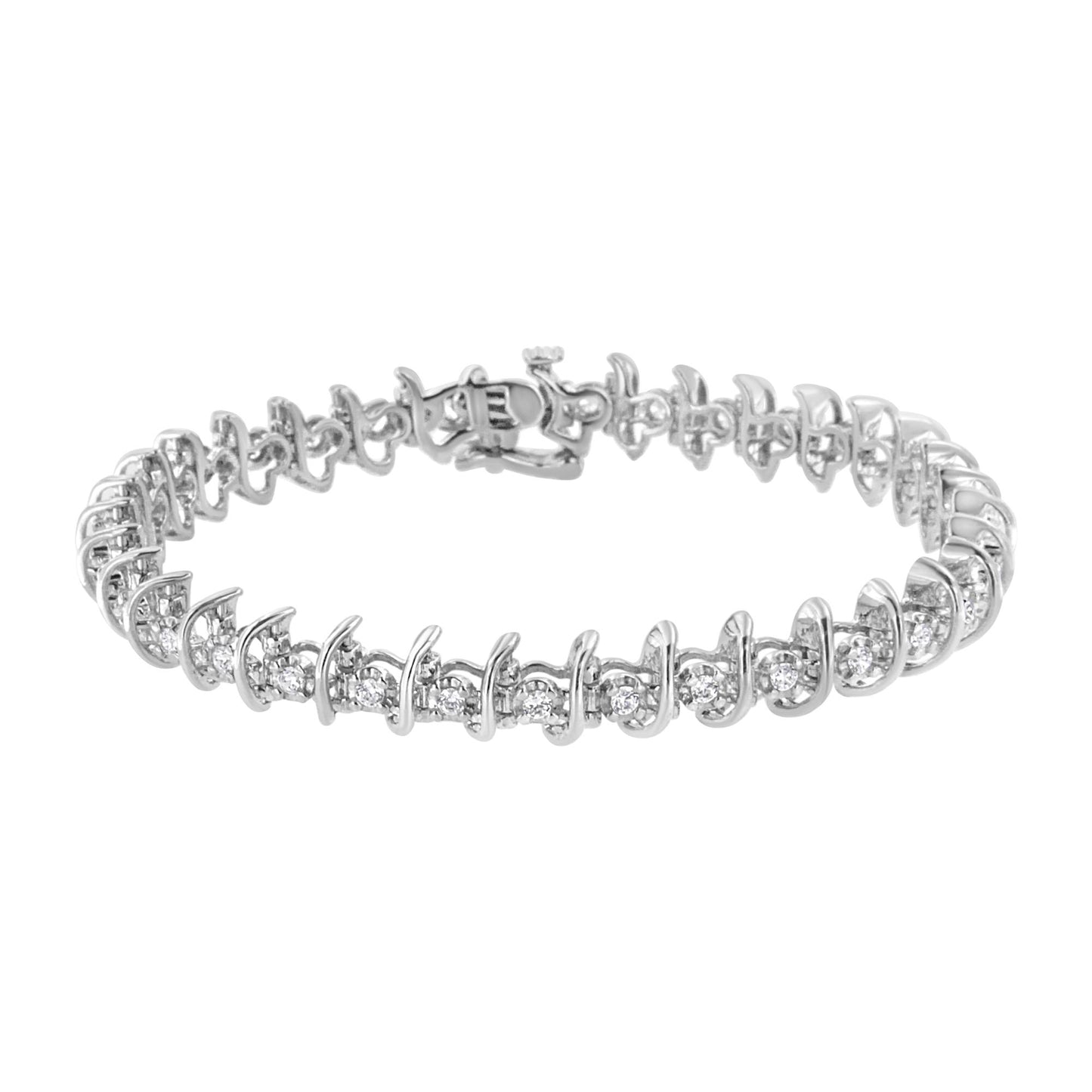 White metal bracelet with round white gemstones in prong settings, shown from a slightly elevated front angle.