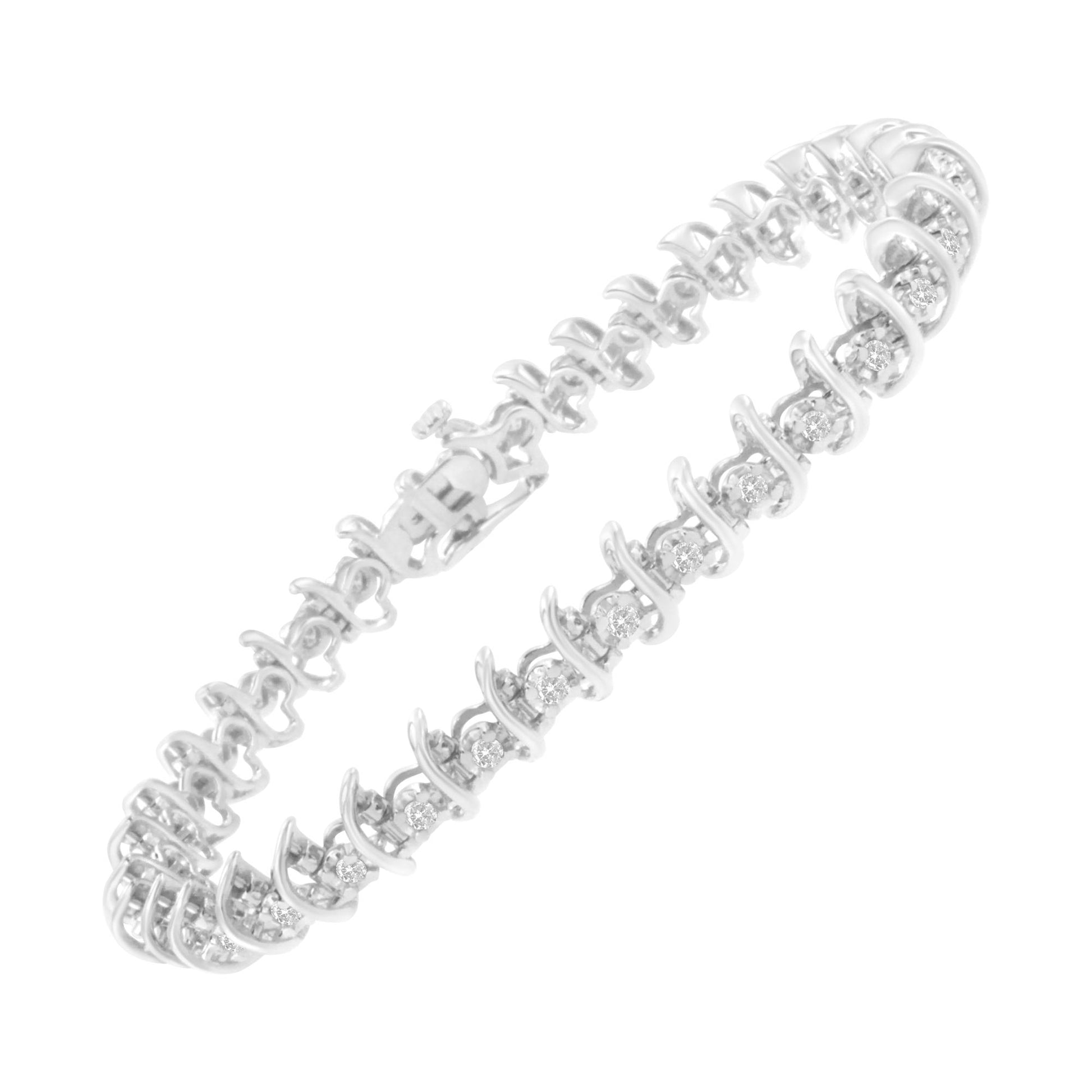 White metal bracelet with round white gemstones in prong settings, shown at an angled close-up.