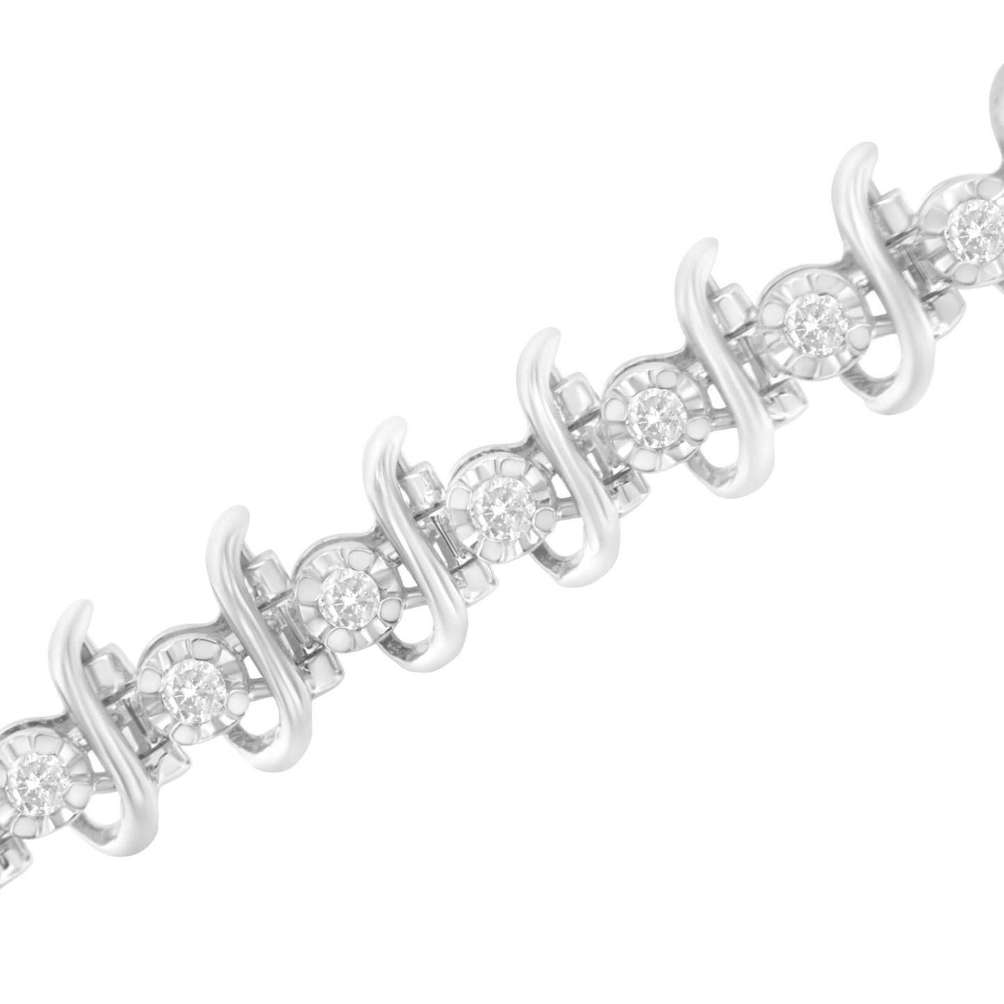 Diagonal close-up of a white metal bracelet featuring round white gemstones in prong settings with a curving design between each gemstone.