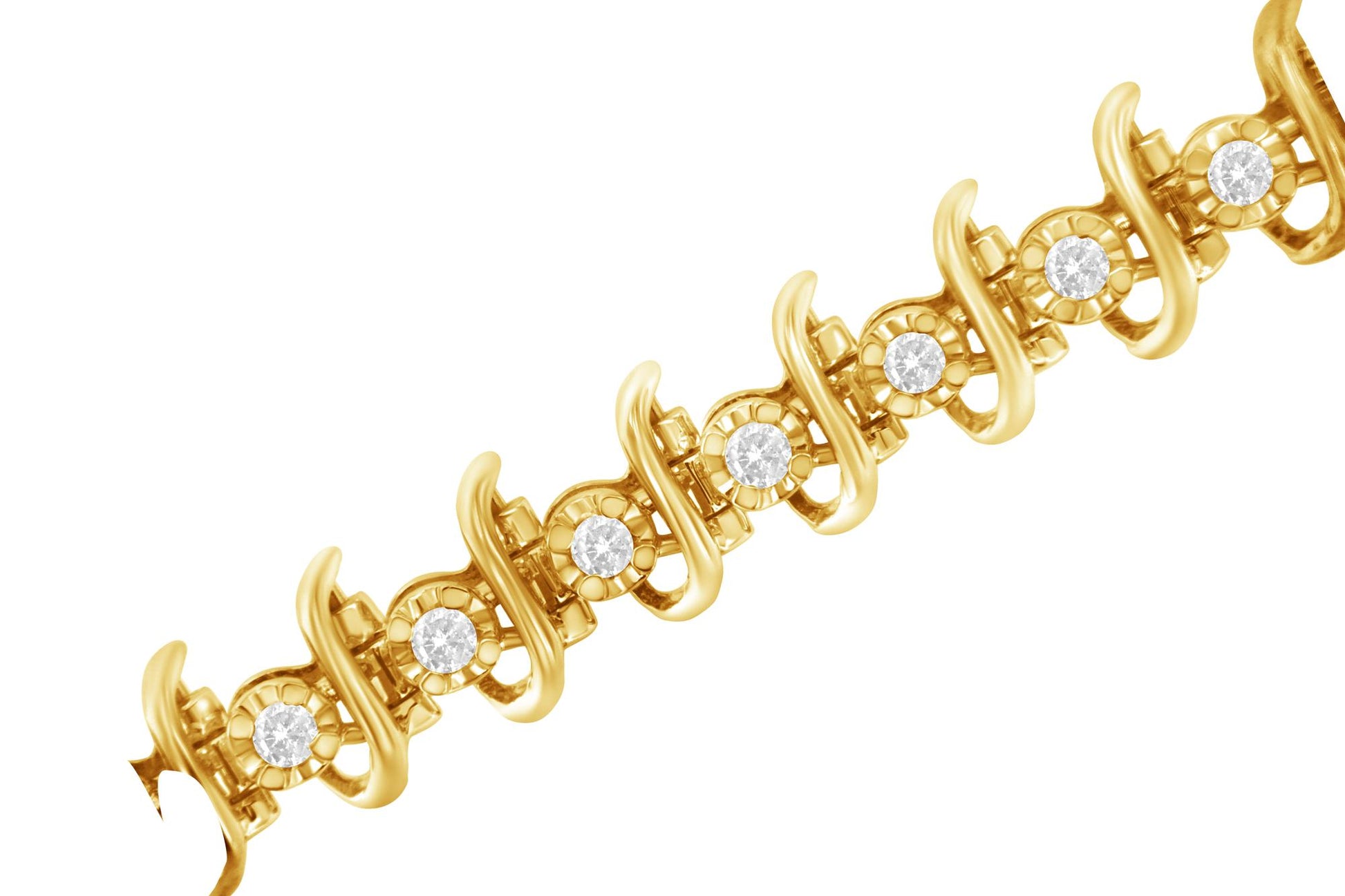 Yellow metal bracelet with round white gemstones in prong settings, shown in a close-up angled view.