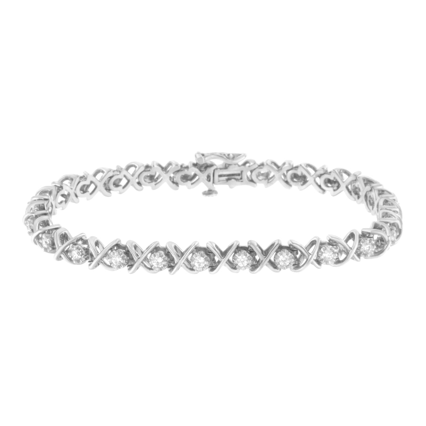 White metal bracelet with round white gemstones in prong settings forming a continuous pattern, shown at a slight angle on a white background.