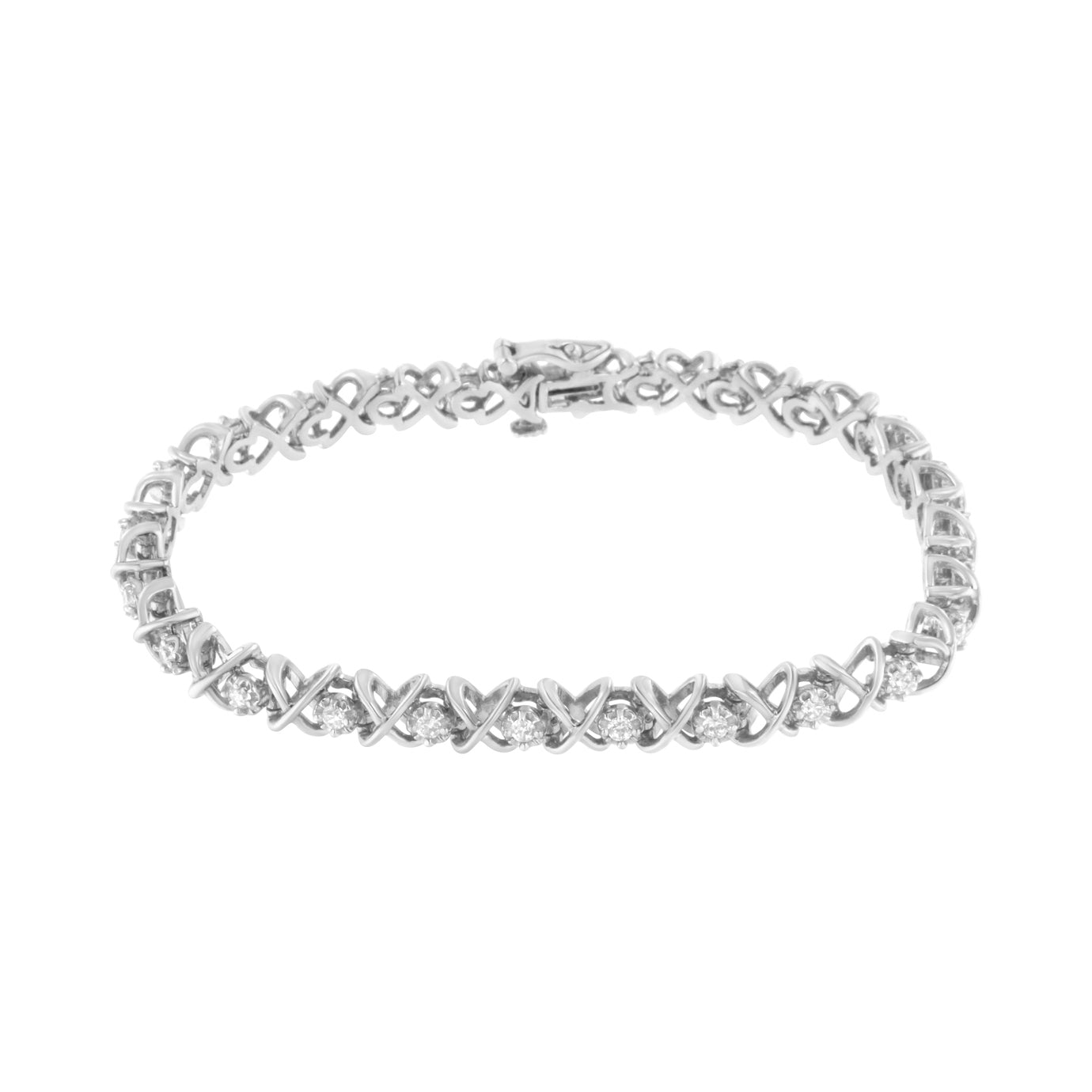 White metal bracelet with round white gemstones set in prong settings along the band, shown from an angled top view.