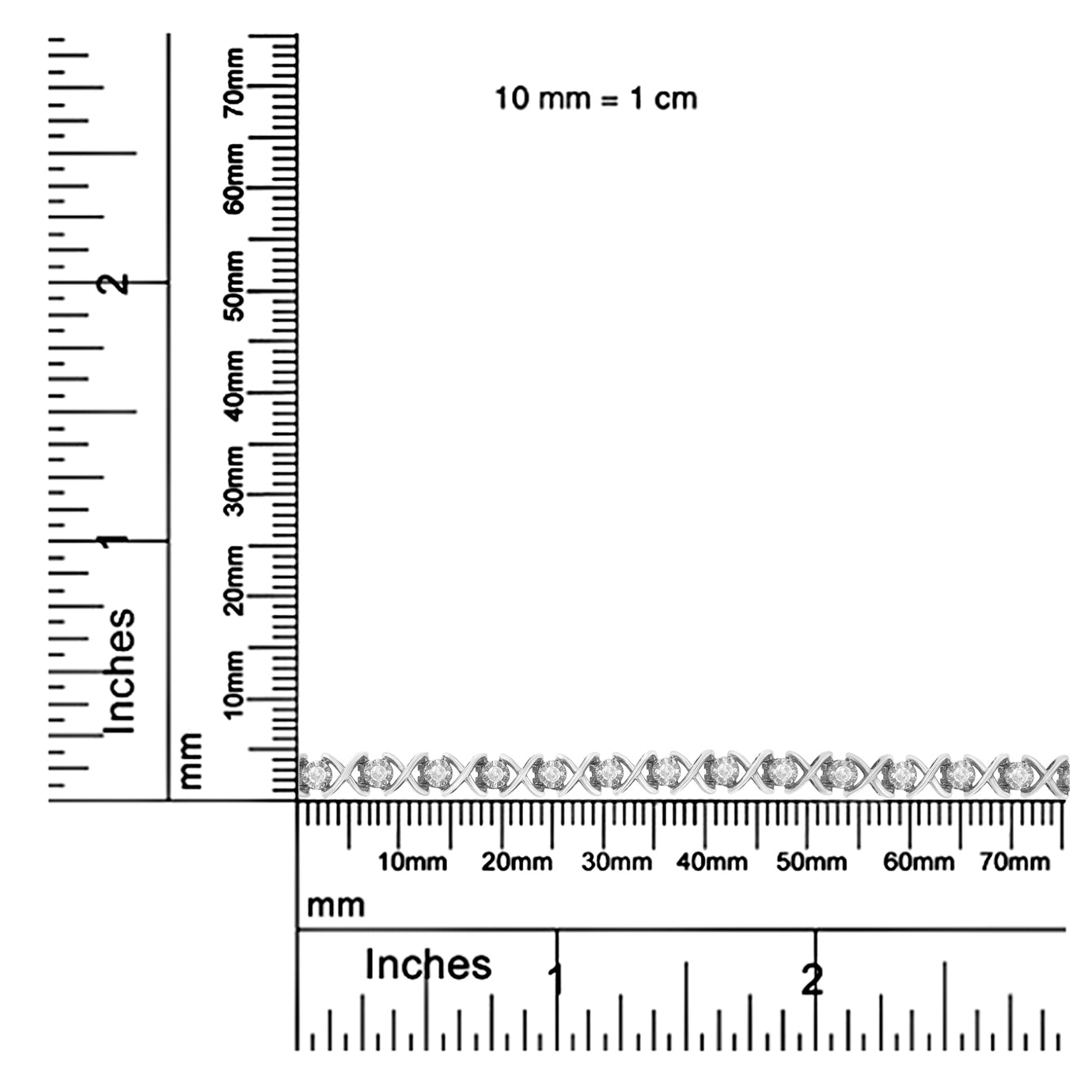 White metal bracelet with round white gemstones in prong settings, shown lying flat on a ruler and scale for size reference, straight-on angle.