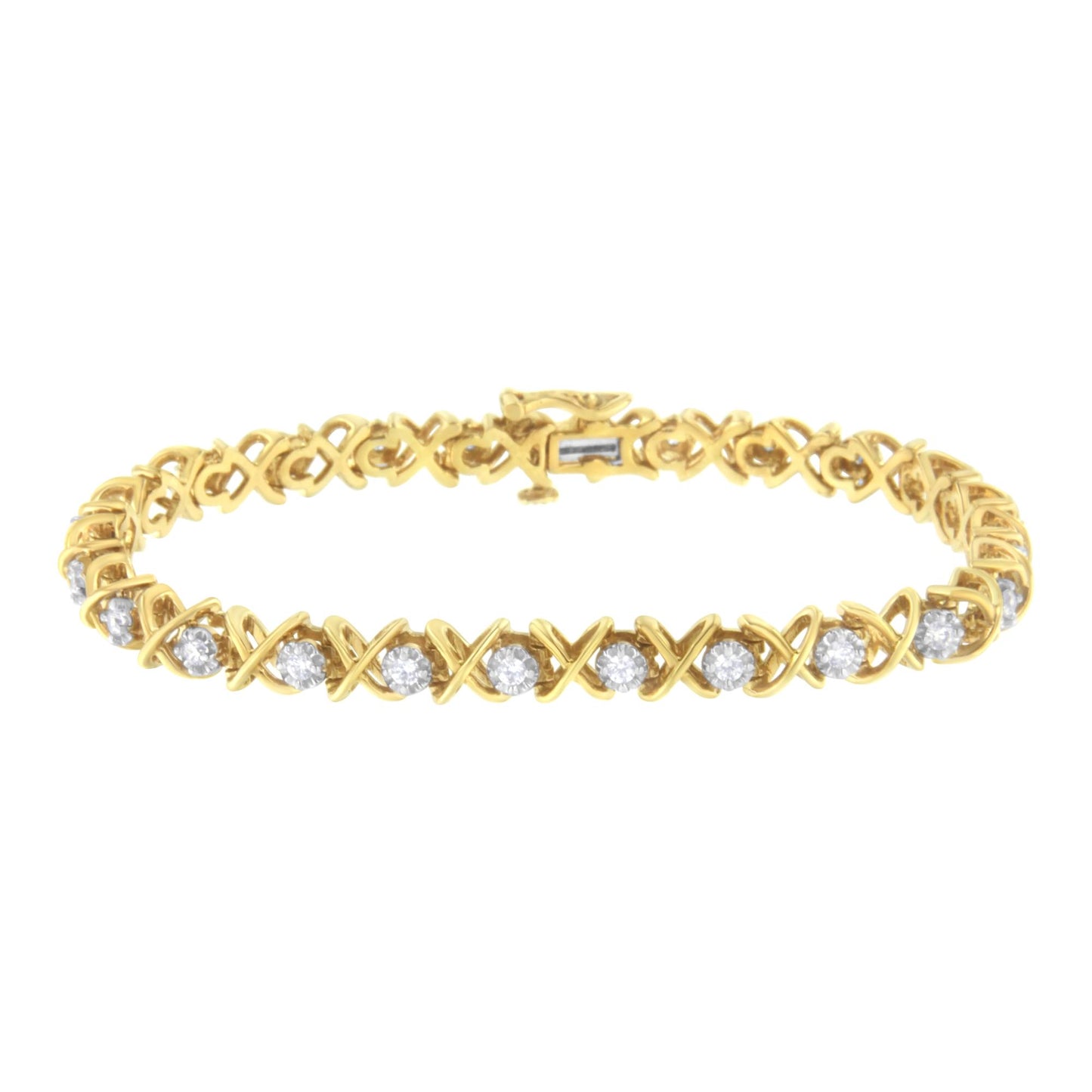 Front-facing shot of a yellow metal bracelet with an X-shaped link design and round white gemstones in prong settings.