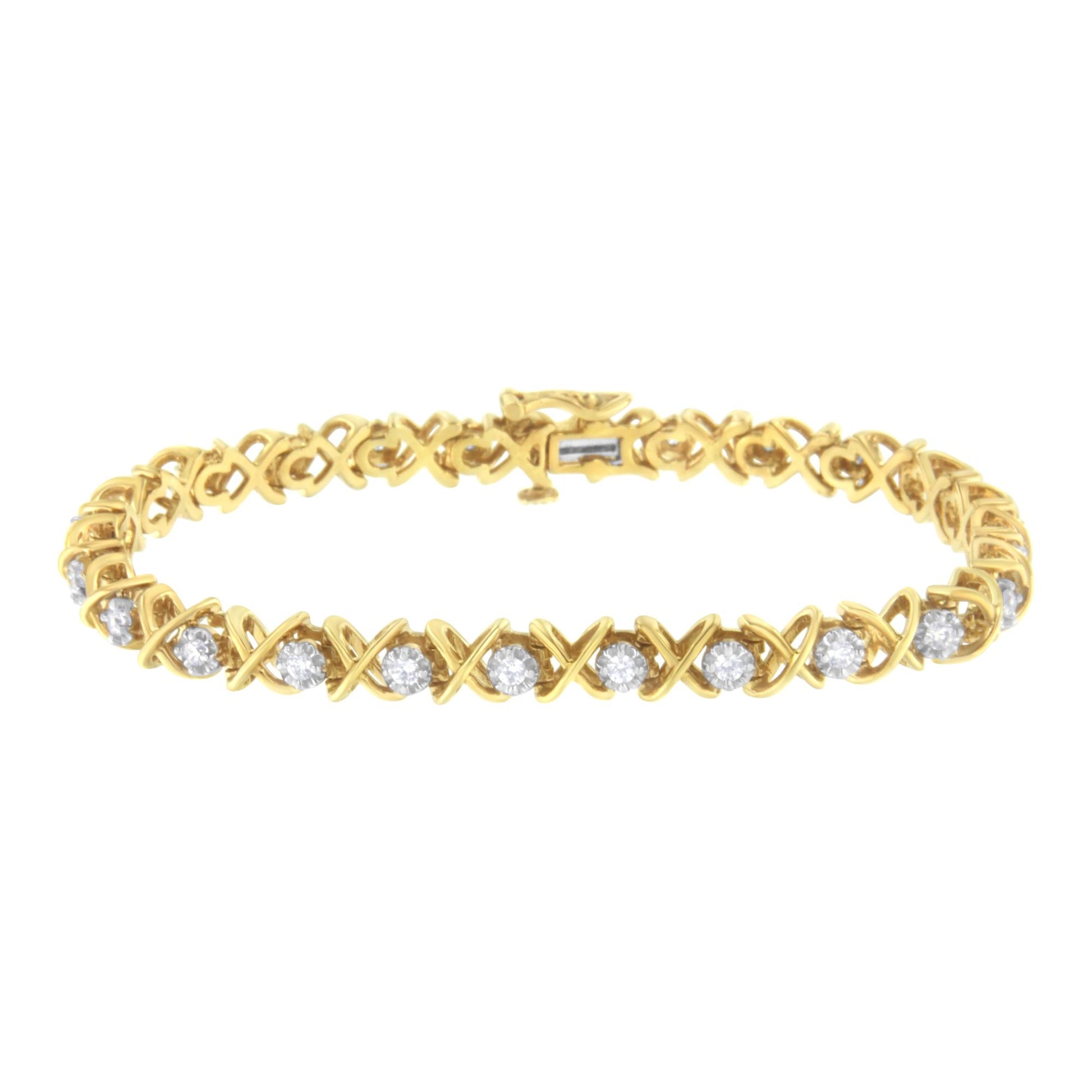 Front-facing shot of a yellow metal bracelet with an X-shaped link design and round white gemstones in prong settings.