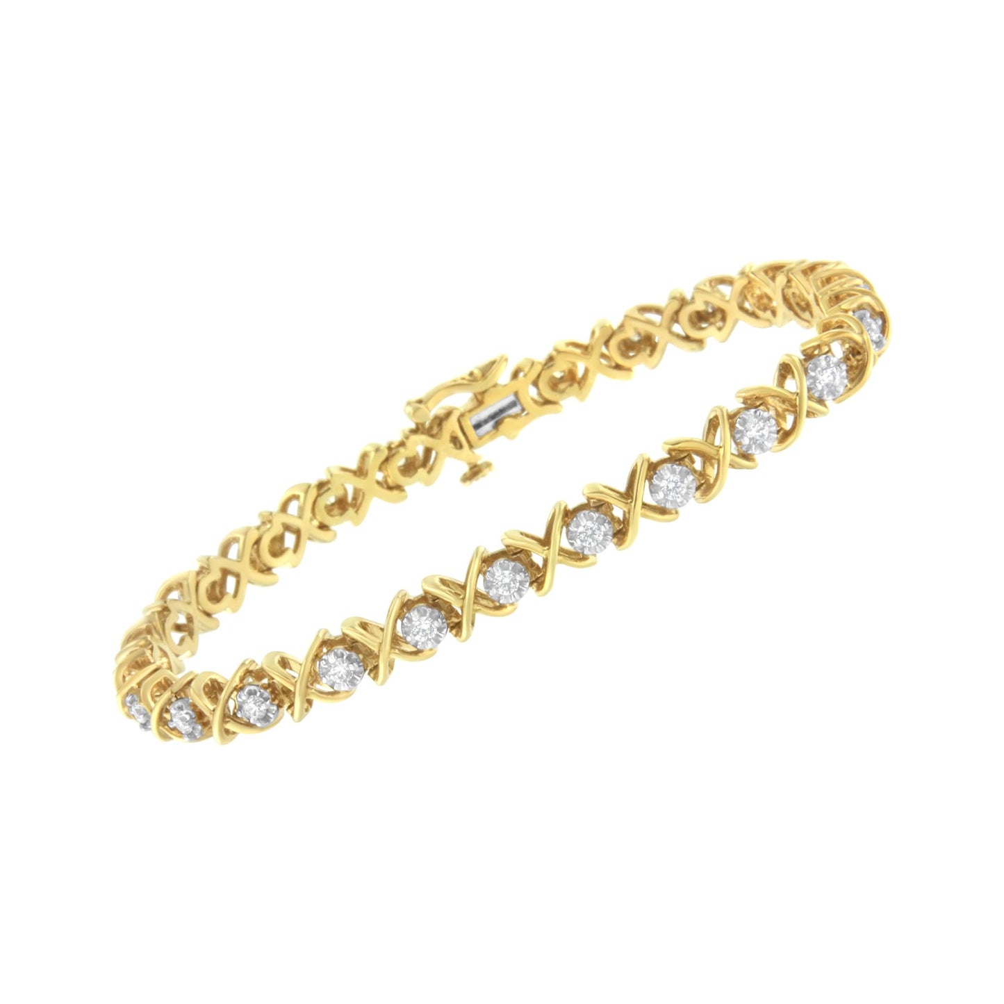 Yellow metal bracelet with round white gemstones in prong settings, shown at an angled top-down view.