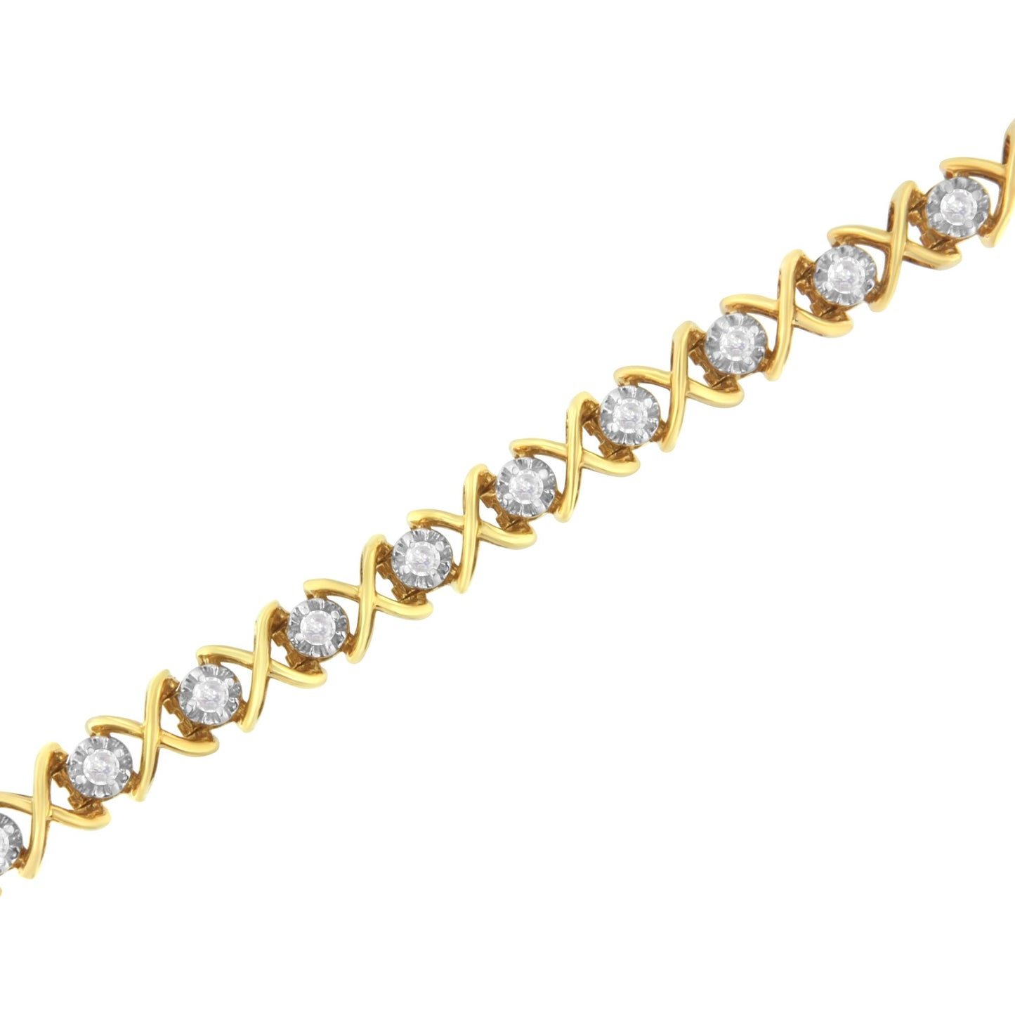 Yellow metal bracelet with round white gemstones in prong settings and crisscross design, shown at an angled close-up.
