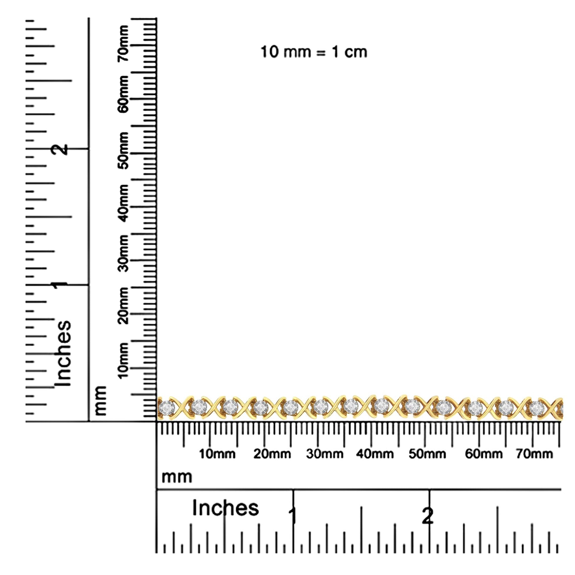 Yellow bracelet with white round gemstones in prong settings, displayed on a ruler for size reference, top-down angle.