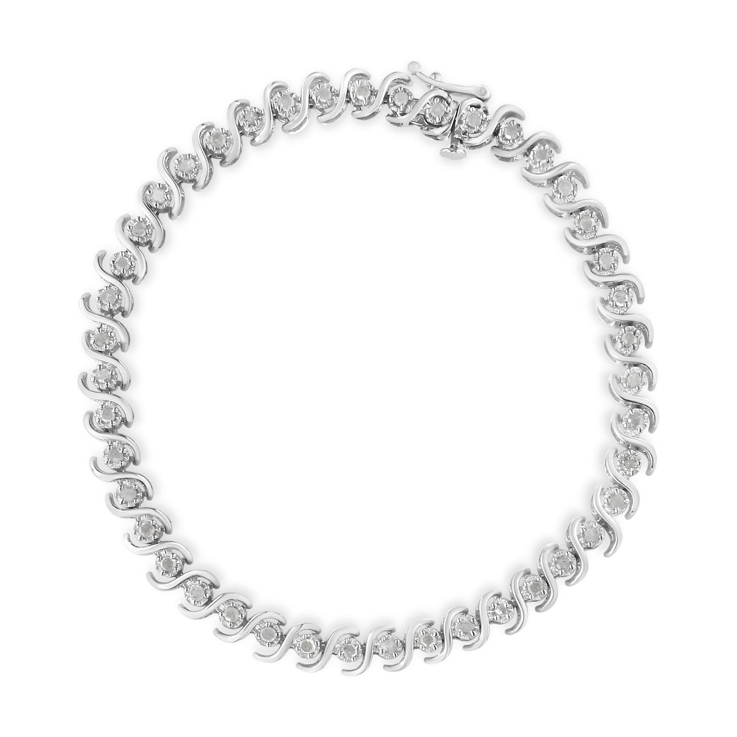 White metal bracelet with alternating curved links, each set with a round white gemstone in a miracle setting, shown flat from above.