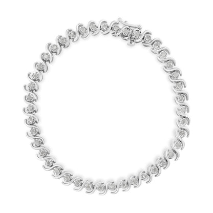 White metal bracelet with alternating curved links, each set with a round white gemstone in a miracle setting, shown flat from above.