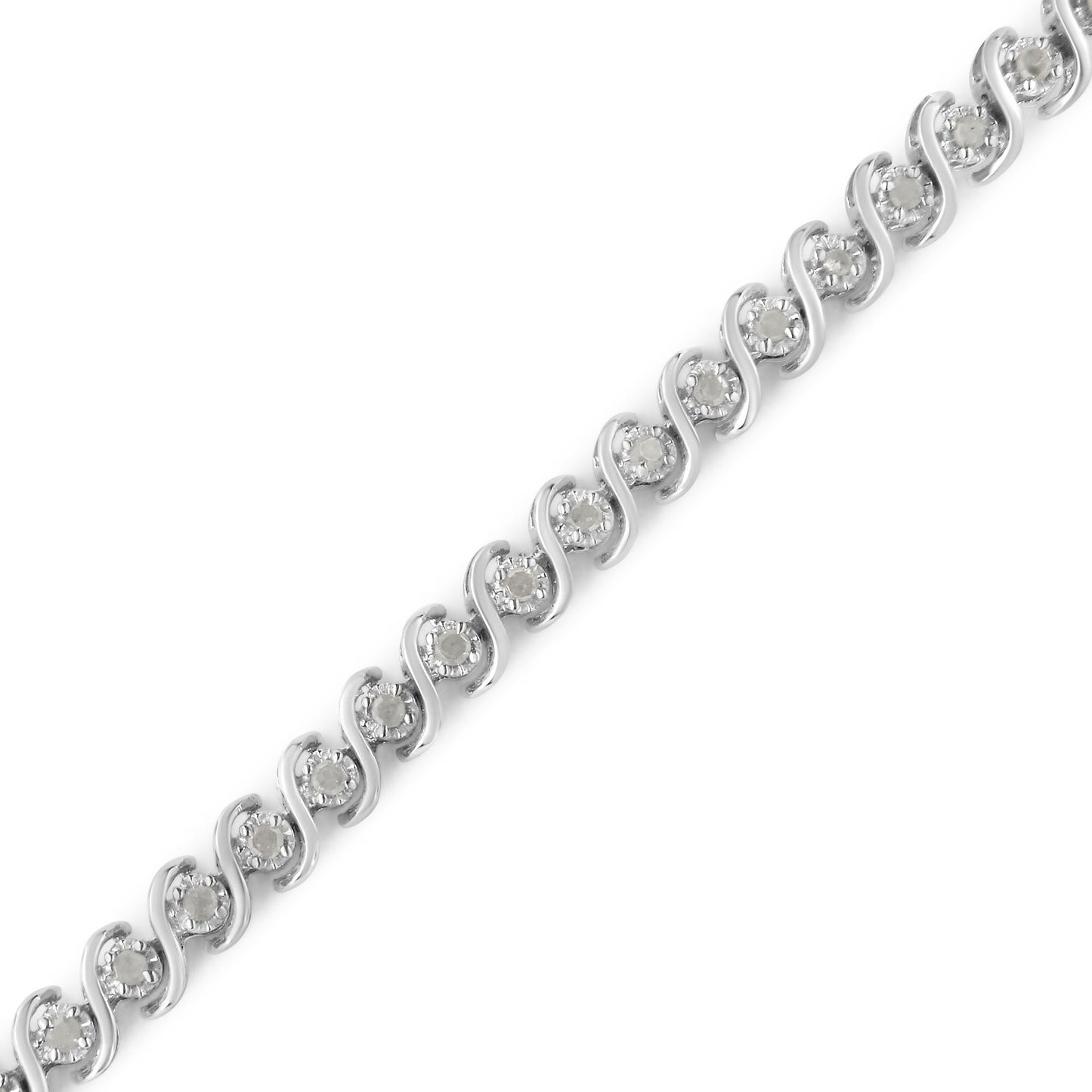 White metal bracelet with round white gemstones set in a wave pattern, shown in a close-up diagonal angle.