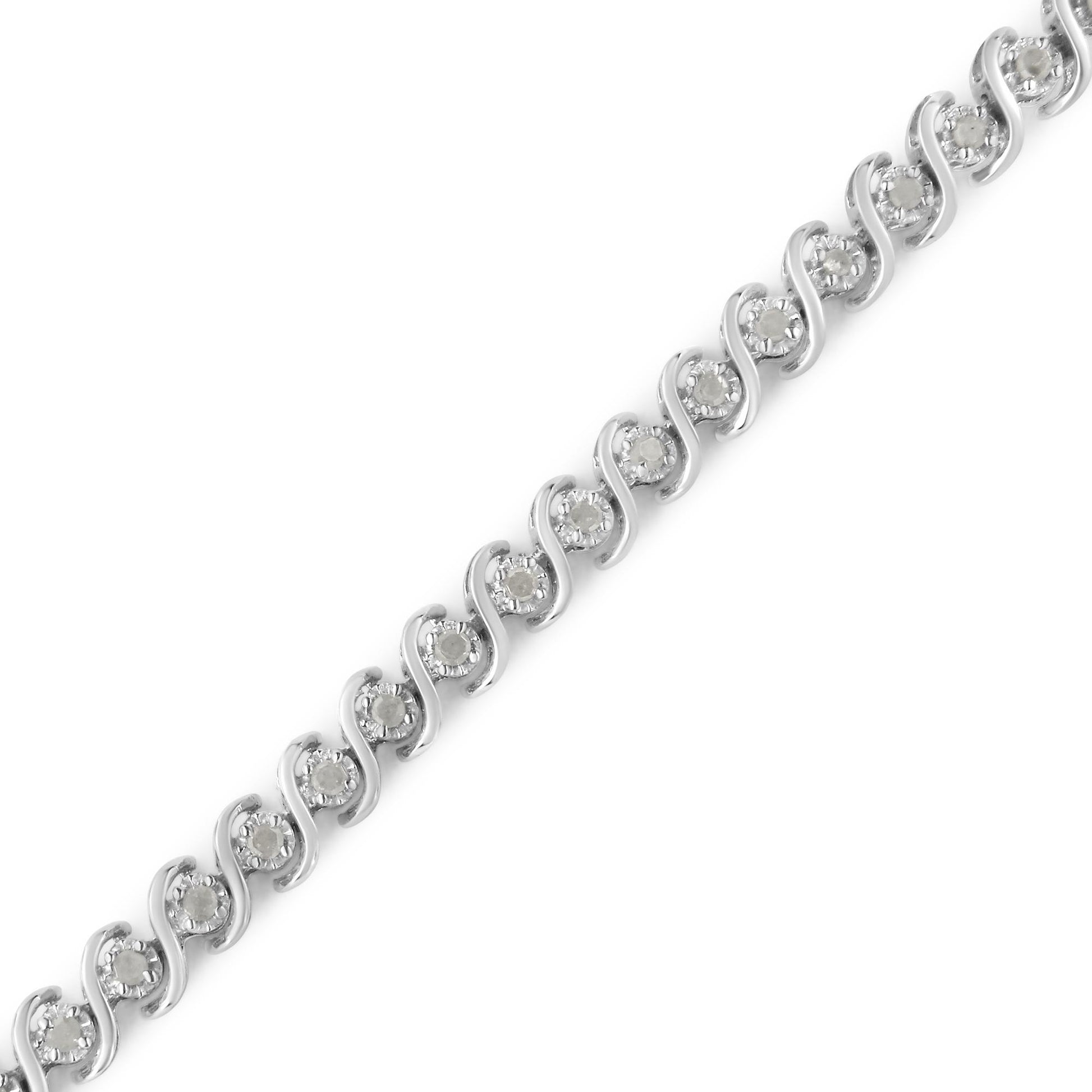 White metal bracelet with round white gemstones set in a wave pattern, shown in a close-up diagonal angle.
