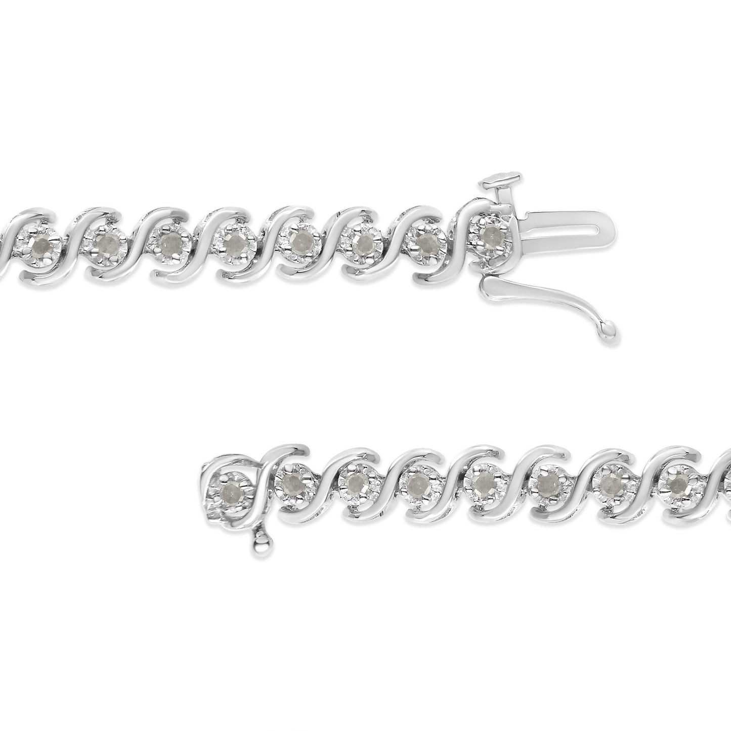 Close-up front view of a white metal bracelet featuring round white gemstones in a miracle setting along the chain, with the clasp open.