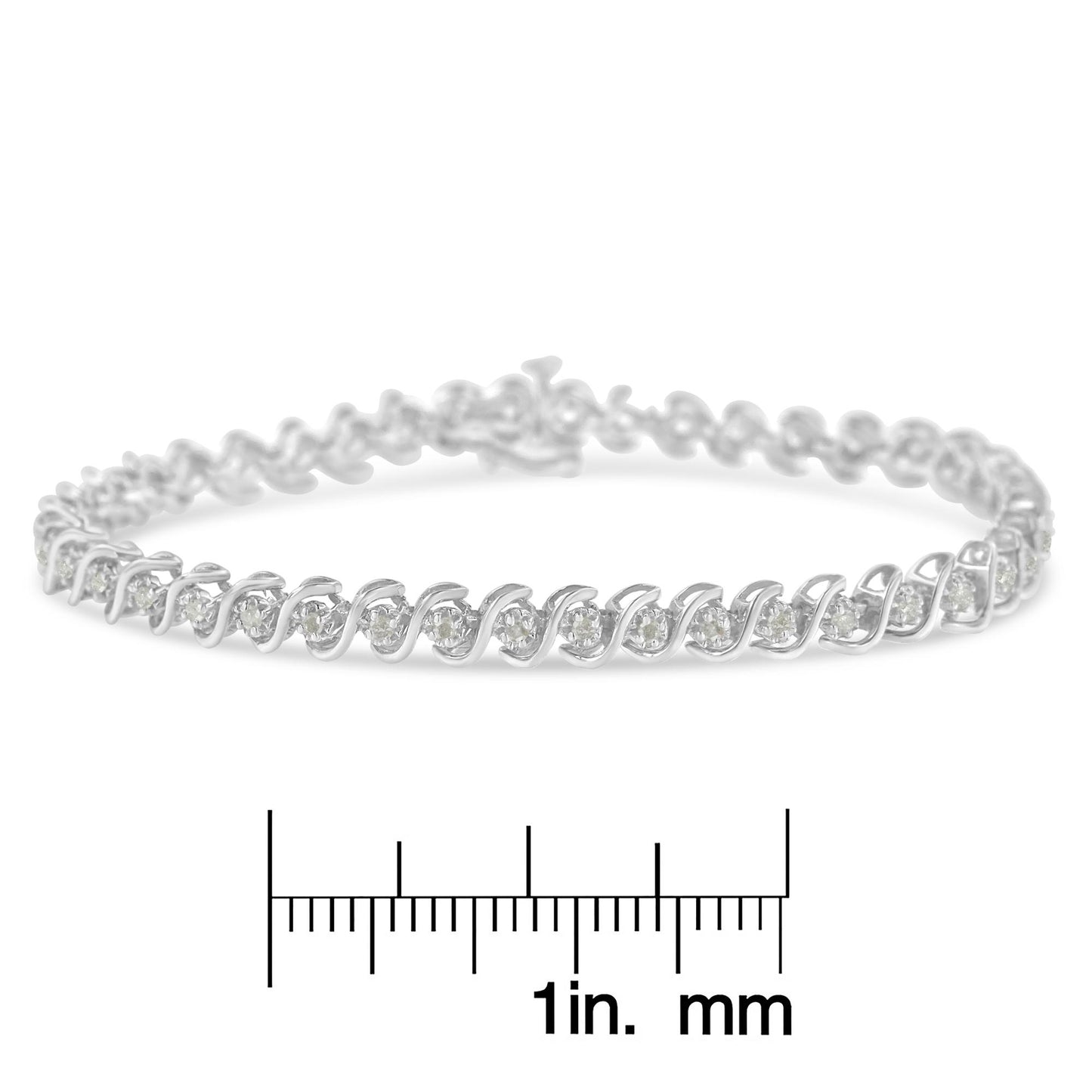 White metal bracelet with round white gemstones in a spiral pattern, shown in a front angle view, placed above a ruler for size reference.