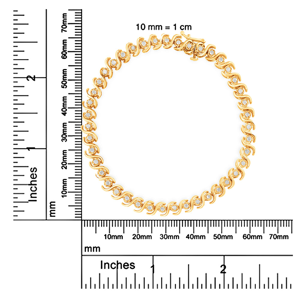 Yellow bracelet with curved links each set with a round white gemstone, shown flat on a white background with rulers on the left and bottom for size reference.
