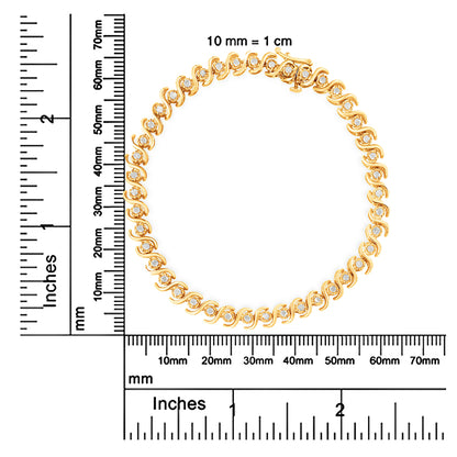 Yellow bracelet with curved links each set with a round white gemstone, shown flat on a white background with rulers on the left and bottom for size reference.
