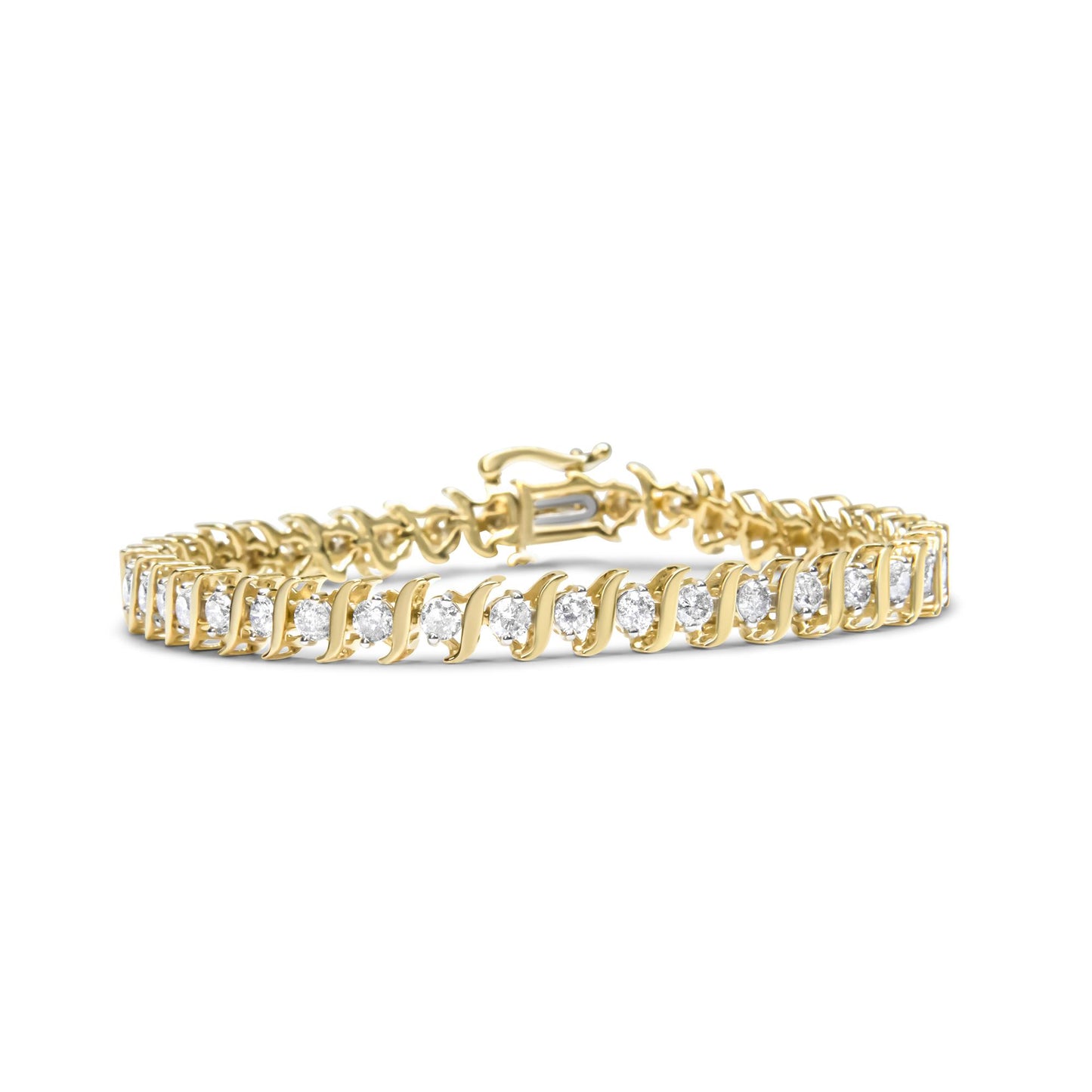 Yellow bracelet with round prong-set white gemstones, shown from a slightly elevated side angle.