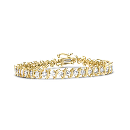 Yellow bracelet with round prong-set white gemstones, shown from a slightly elevated side angle.
