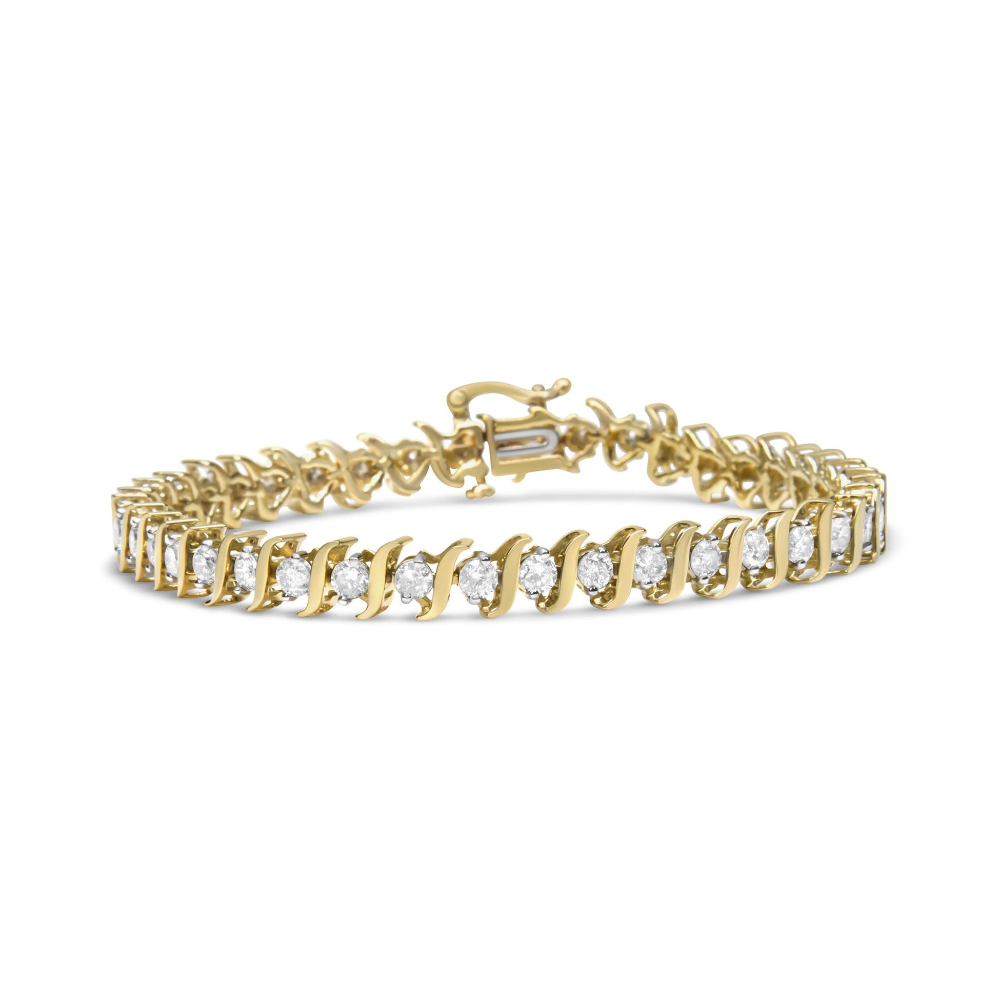 Yellow bracelet with round white gemstones in prong settings, shown in a front angled view.