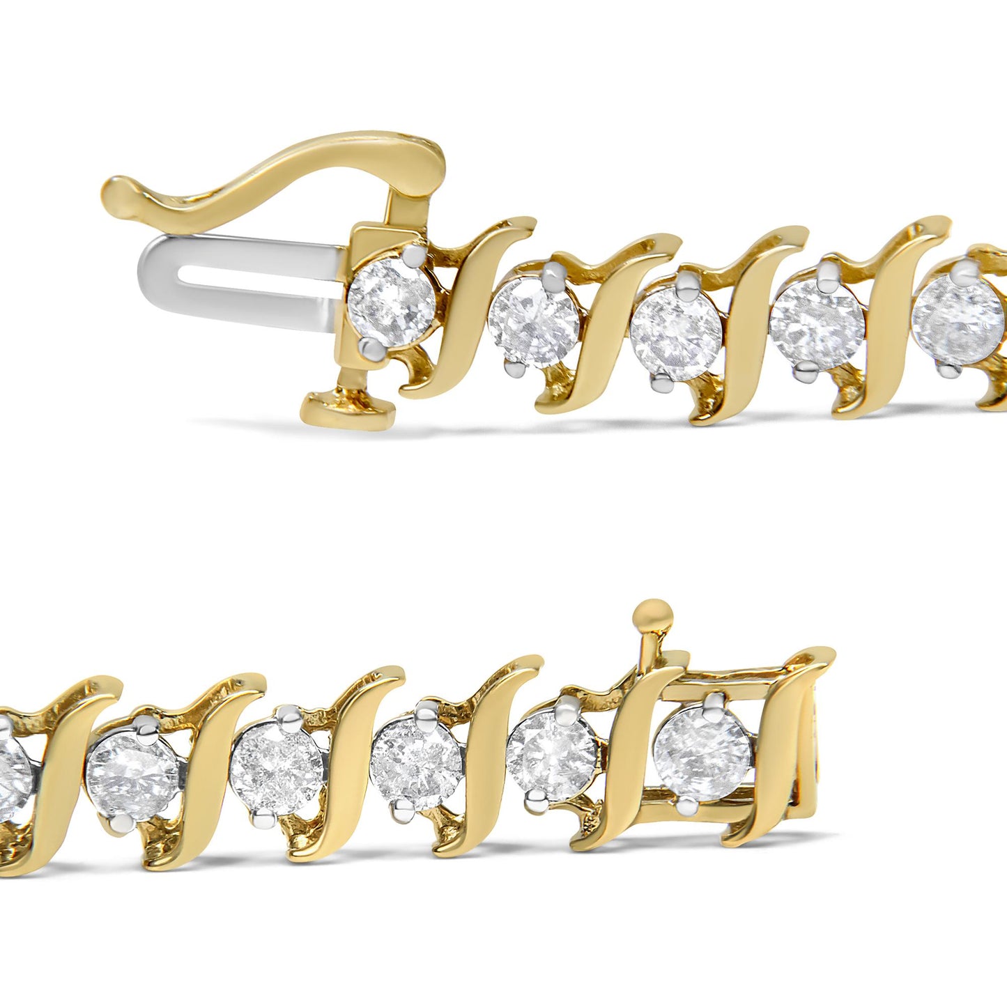 Close-up angled view of a yellow bracelet with prong-set round white gemstones and a clasp.