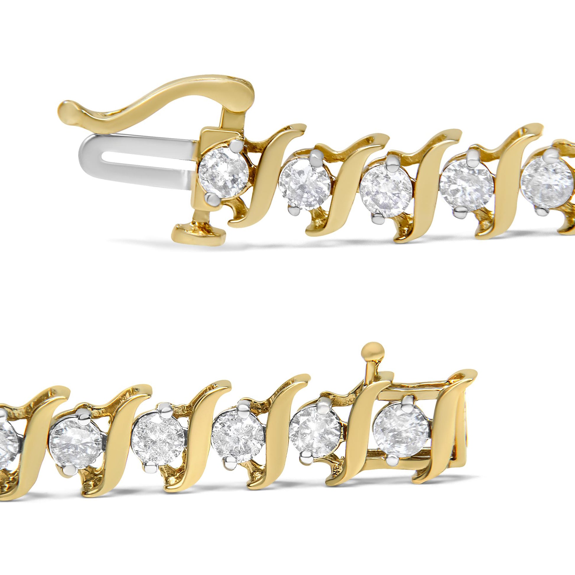 Close-up angled view of a yellow bracelet with prong-set round white gemstones and a clasp.