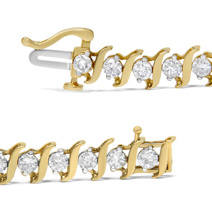 Close-up angled view of a yellow bracelet with prong-set round white gemstones and a clasp.