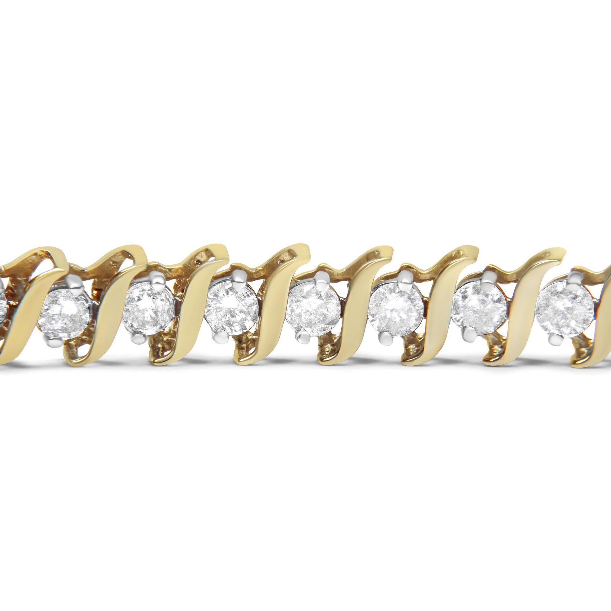 Close-up front angle of a yellow metal bracelet set with round white gemstones in prong settings.