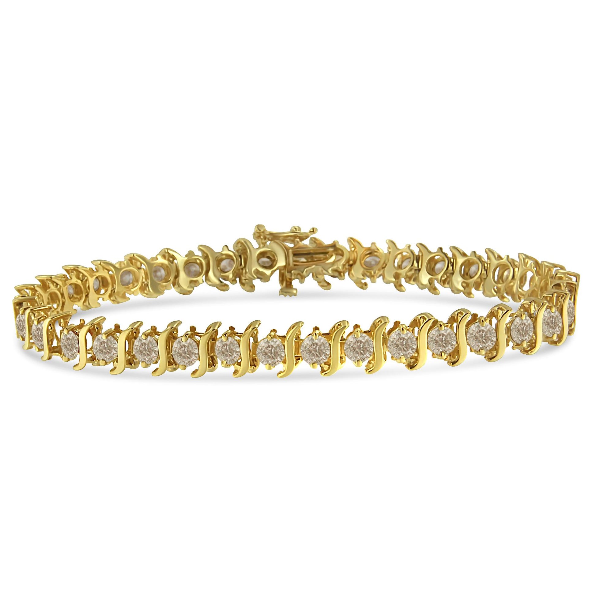 Yellow metal bracelet with round white gemstones in prong settings, shown at a slight top-front angle.