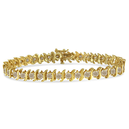 Yellow metal bracelet with round white gemstones in prong settings, shown at a slight top-front angle.