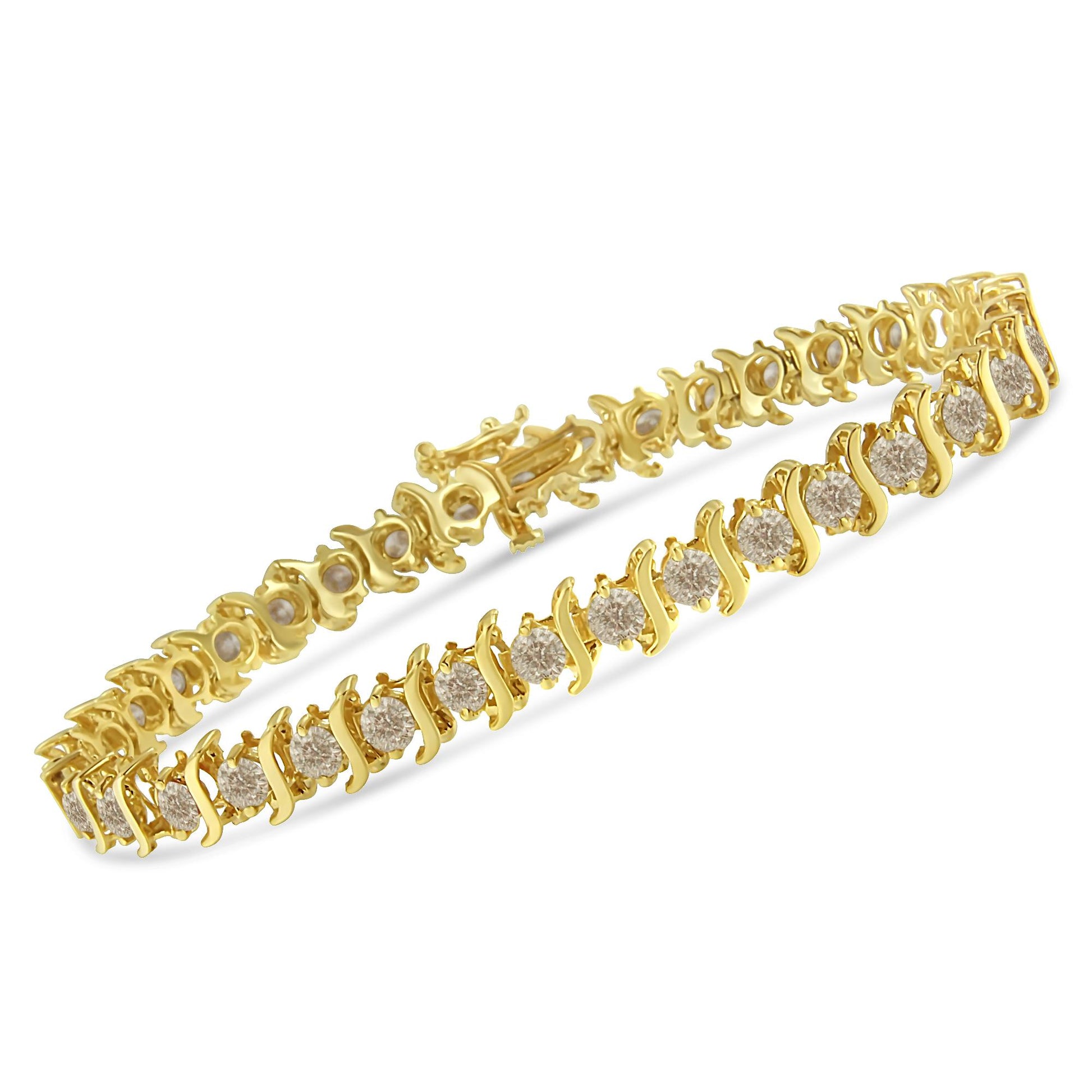 Yellow metal bracelet with round white gemstones in prong settings, shown from a slight side angle.